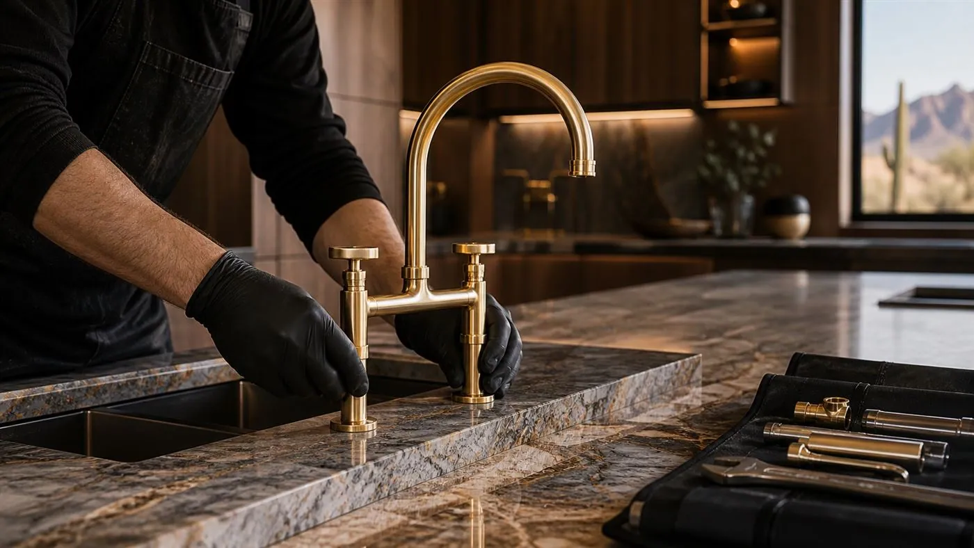 Technician in black gloves setting an unlacquered brass bridge faucet into marble