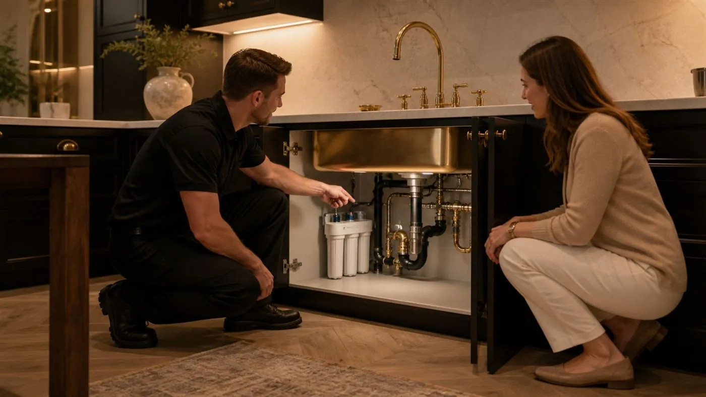 Technician walking a homeowner through a finished under-sink filtration installation