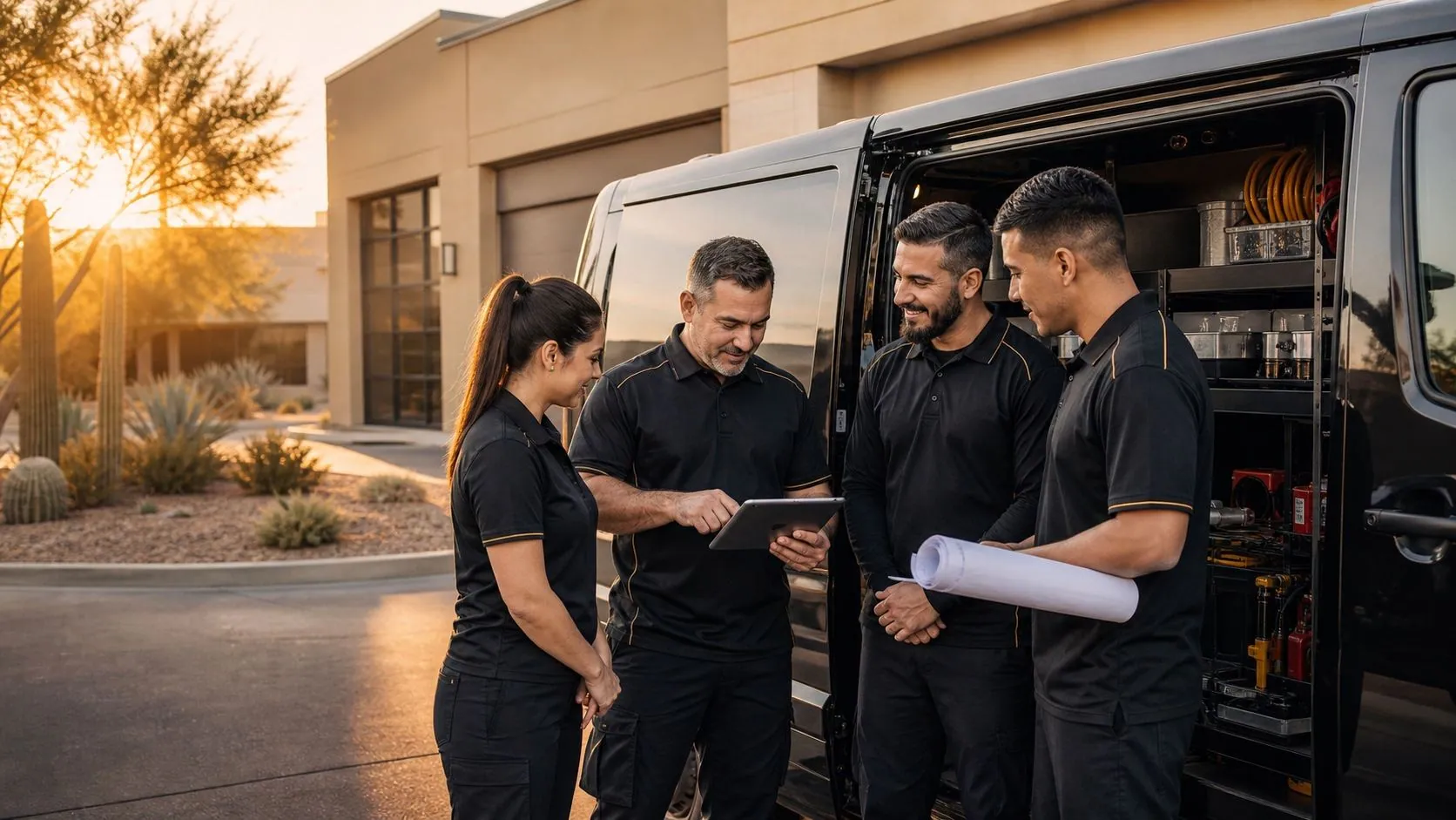 The Prodigal Son Plumbing crew reviewing a job at their service van at sunset