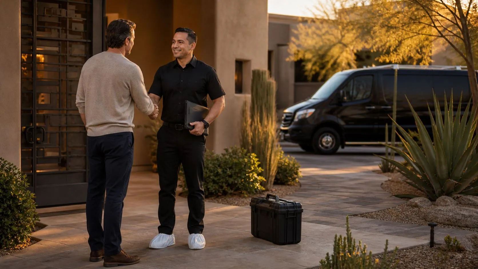 Prodigal Son Plumbing technician greeting a homeowner at the door of a luxury Phoenix residence