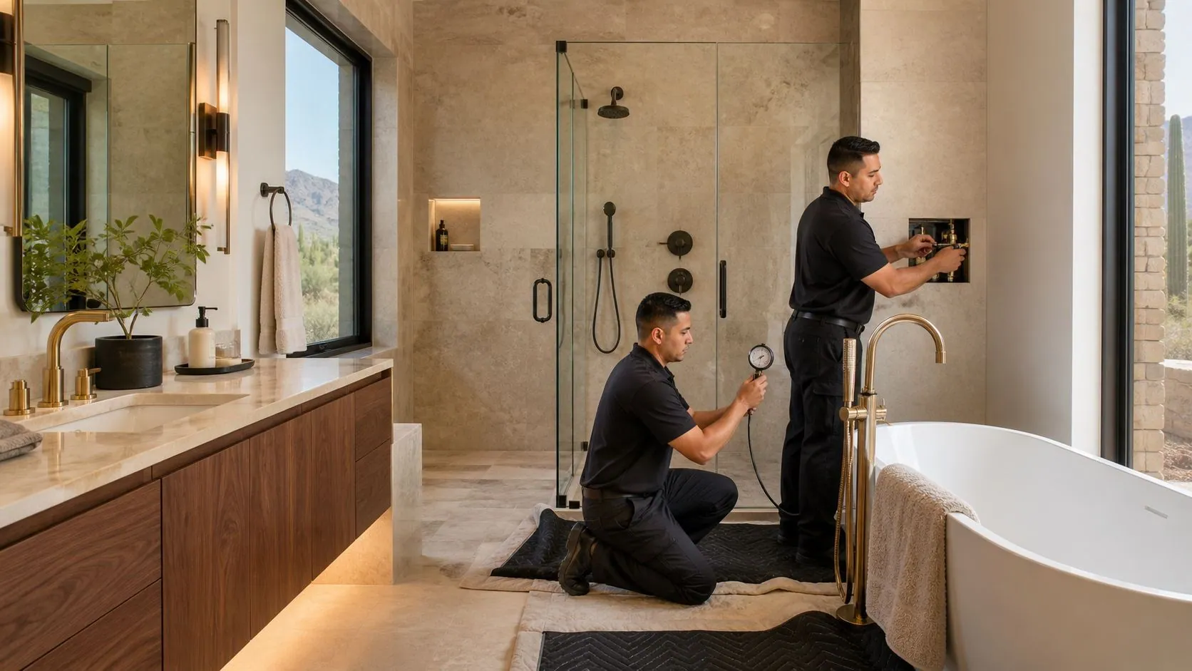 Marble-clad luxury bathroom with brass fixtures installed by Prodigal Son Plumbing