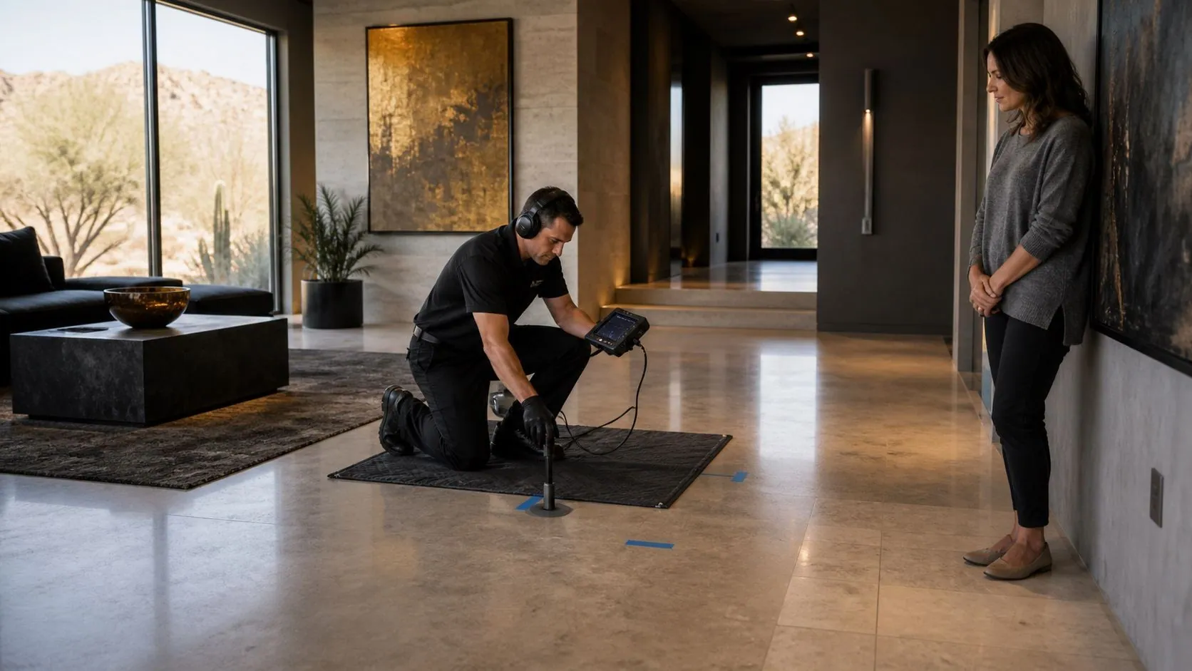 Electronic leak detection equipment in use on a stone floor in a Phoenix luxury home