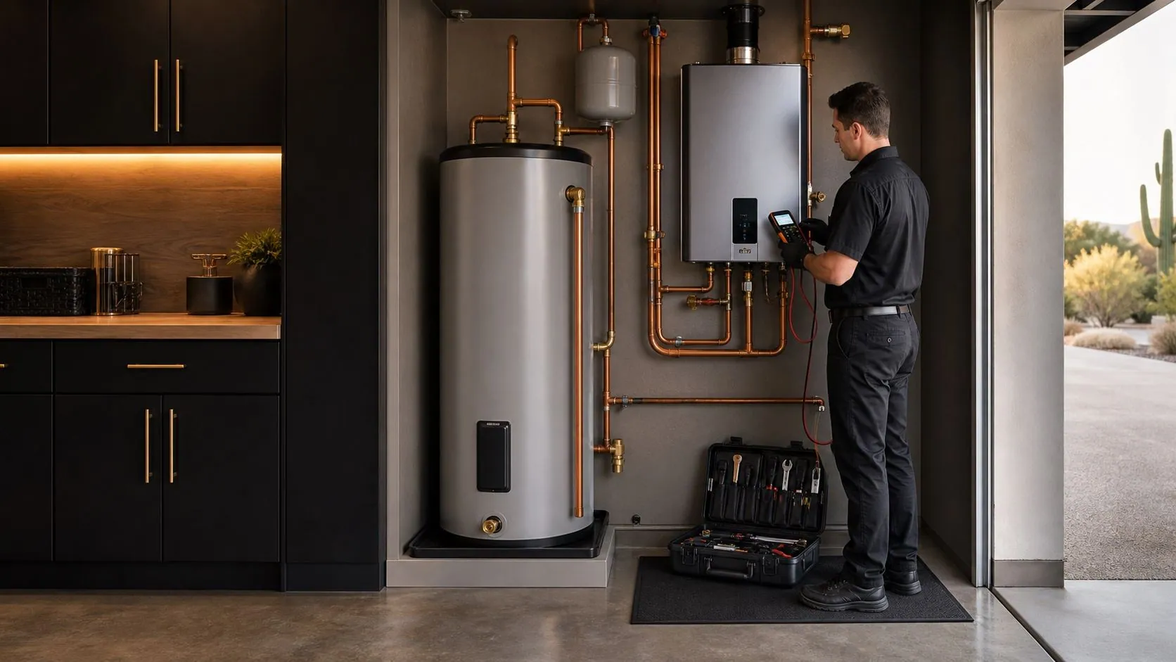 Technician installing a tankless water heater in a luxury Arizona mechanical room